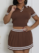 Casual Contrast Color Knit Sweater Waist-baring POLO Collar Short-sleeved Pleated Skirt Two-piece Set