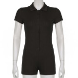 Solid Color Lapel Buttoned Ribbed Tight Csual Jumpsuit