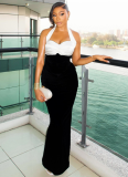 Slim Fit Spliced ​​One-Step Skirt Halter Neck Pleated Hip-wrapped Long Dress