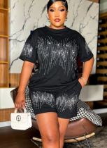 Fashionable Round Neck Short-sleeved Top With Short Style Casual Hot Diamond Two-piece Suit