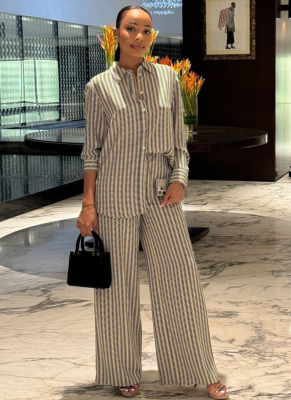 Fashion Casual Printed Long-Sleeved Shirt Wide-Leg Pants Two-Piece Suit For Women In Spring