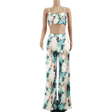 Sexy Light Green Tie-dye Suspender Wrap Chest Wide Leg Two-piece Suit