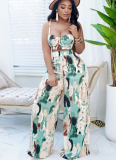 Sexy Light Green Tie-dye Suspender Wrap Chest Wide Leg Two-piece Suit