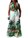 Fashion Printed Sleeveless Shirt Collar Wide Leg Pants Set