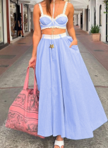 Fashion Lace Stitching Camisole High Waist Wide Swing Skirt Two Piece Set