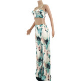 Sexy Light Green Tie-dye Suspender Wrap Chest Wide Leg Two-piece Suit