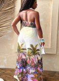 Fashion Printed Sleeveless Shirt Collar Wide Leg Pants Set