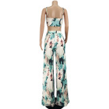 Sexy Light Green Tie-dye Suspender Wrap Chest Wide Leg Two-piece Suit