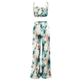Sexy Light Green Tie-dye Suspender Wrap Chest Wide Leg Two-piece Suit
