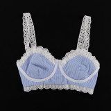 Fashion Lace Stitching Camisole High Waist Wide Swing Skirt Two Piece Set