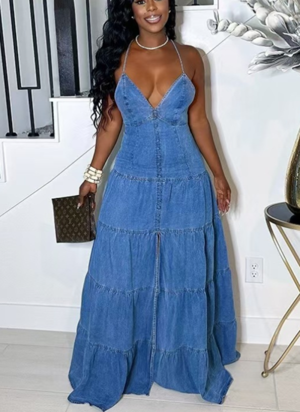Sexy V-neck Halter Backless Cake Long Dress