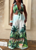 Fashion Printed Sleeveless Shirt Collar Wide Leg Pants Set