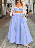 Fashion Lace Stitching Camisole High Waist Wide Swing Skirt Two Piece Set