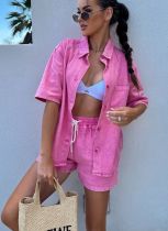 Casual Loose Short-sleeved Shirt and Denim Shorts Set