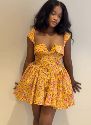 New Style Elegant Square Neck Printed High Waist A-line Irregular Short Dress