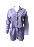 Solid Color Striped Long-Sleeved Shirt And Shorts Two-Piece Set
