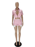 Sexy PU Leather Deep Pocket Slit Shorts Two Piece Set