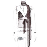 Sexy Polka Dot Deep V Backless Tube Top with Lace-up Small Camisole（With scarf）