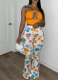 Sexy Suspender Hollow Chest Printed Flared Pants Suit