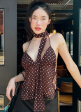 Sexy Polka Dot Deep V Backless Tube Top with Lace-up Small Camisole（With scarf）