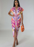 Ethnic Style V-neck Tight Slit Positioning Pleated Dressen