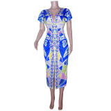 Ethnic Style V-neck Tight Slit Positioning Pleated Dressen