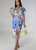 Ethnic Style V-neck Tight Slit Positioning Pleated Dressen
