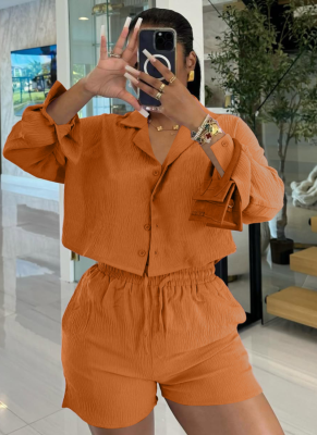 Solid Color Striped Long-Sleeved Shirt And Shorts Two-Piece Set