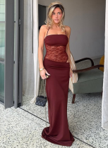 Fashionable and Elegant Slim Fit Lace Stitching Suspenders Transparent Hollow Dress