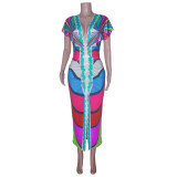 Ethnic Style V-neck Tight Slit Positioning Pleated Dressen