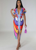 Ethnic Style V-neck Tight Slit Positioning Pleated Dressen