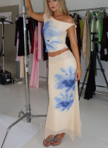 Fashion Printed Slant Neck Tie Top Slim Fit Wave Edge Skirt Set