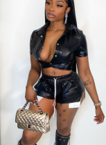 Sexy PU Leather Deep Pocket Slit Shorts Two Piece Set