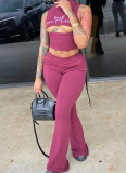 Fashion Printed Bare-chested and Navel-baring Cropped Top and Flared Pants Set