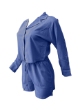 Solid Color Striped Long-Sleeved Shirt And Shorts Two-Piece Set