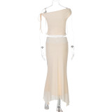 Fashion Printed Slant Neck Tie Top Slim Fit Wave Edge Skirt Set