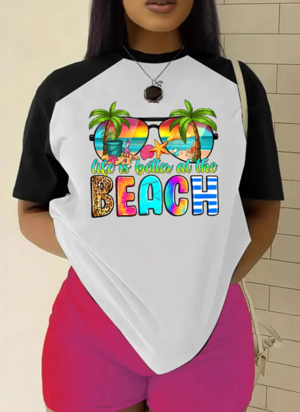 Women's Colorblock Letter Printed Round Neck Casual Short Sleeve T-shirt