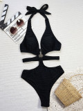 Sexy Halter Neck Strap Hollow Solid Color Triangle One-piece Swimsuit