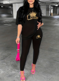 Black Gradient Crown Letter Print Summer Short-Sleeved Tops And Trousers Two-Piece Set