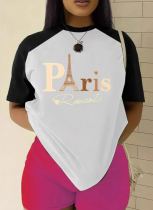 Women's Colorblock Letter Printed Round Neck Casual Short Sleeve T-shirt