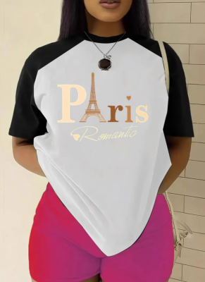 Women's Colorblock Letter Printed Round Neck Casual Short Sleeve T-shirt