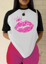 Women's Colorblock Lip Print Round Neck Casual Short Sleeve T-Shirt