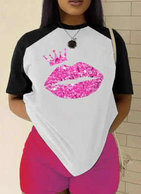 Women's Colorblock Lip Print Round Neck Casual Short Sleeve T-Shirt
