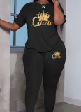 Black Gradient Crown Letter Print Summer Short-Sleeved Tops And Trousers Two-Piece Set