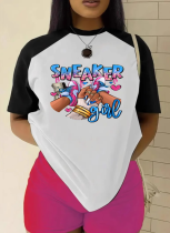Women's Colorblock Letter Printed Round Neck Casual Short Sleeve T-shirt