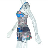 Sexy Printed Halter Neck Backless Ruffled A-Line Dress