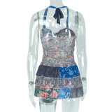 Sexy Printed Halter Neck Backless Ruffled A-Line Dress