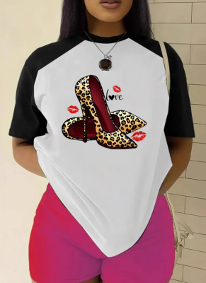 Women's Colorblock High Heels Printed Round Neck Casual Short Sleeve T-shirt