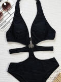 Sexy Halter Neck Strap Hollow Solid Color Triangle One-piece Swimsuit