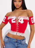 Sexy One Shoulder Slim Fit Printed Hot Girl Lace-up Backless Lace Vest Top